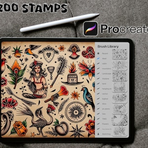 200 Neotraditional tattoo, flowers, birds & flash Procreate Stamps, Digital Photoshop