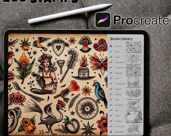 200 Neotraditional tattoo, flowers, birds & flash Procreate Stamps, Digital Photoshop