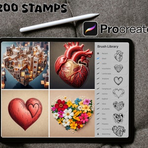 May include: A screenshot of a digital art app called Procreate on an iPad. The app is displaying a library of 200 heart-shaped stamps. The stamps are in various styles, including realistic, cartoon, and abstract. The app is also displaying a list of categories for the stamps, such as "Recent", "dead", "cabin", "mountains", "Landscape", "Airplane", "tarot", "hanging pla", "cactus", "bigfoot", "Alice", "air plants", "Geo", "TREE", "Flowers", and "Sketching".