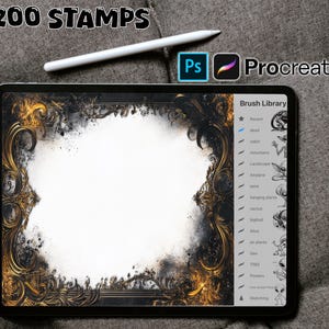 May include: A digital tablet displaying a Procreate app screen with a brush library and a gold and black ornate frame. The text "200 STAMPS" is displayed at the top of the screen. The tablet is lying on a gray surface.