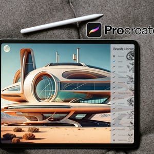 May include: A digital illustration of a futuristic building with a large window, rendered on a tablet screen. The tablet is on a gray surface with a white stylus next to it. The screen also shows a list of brush options for the Procreate app.