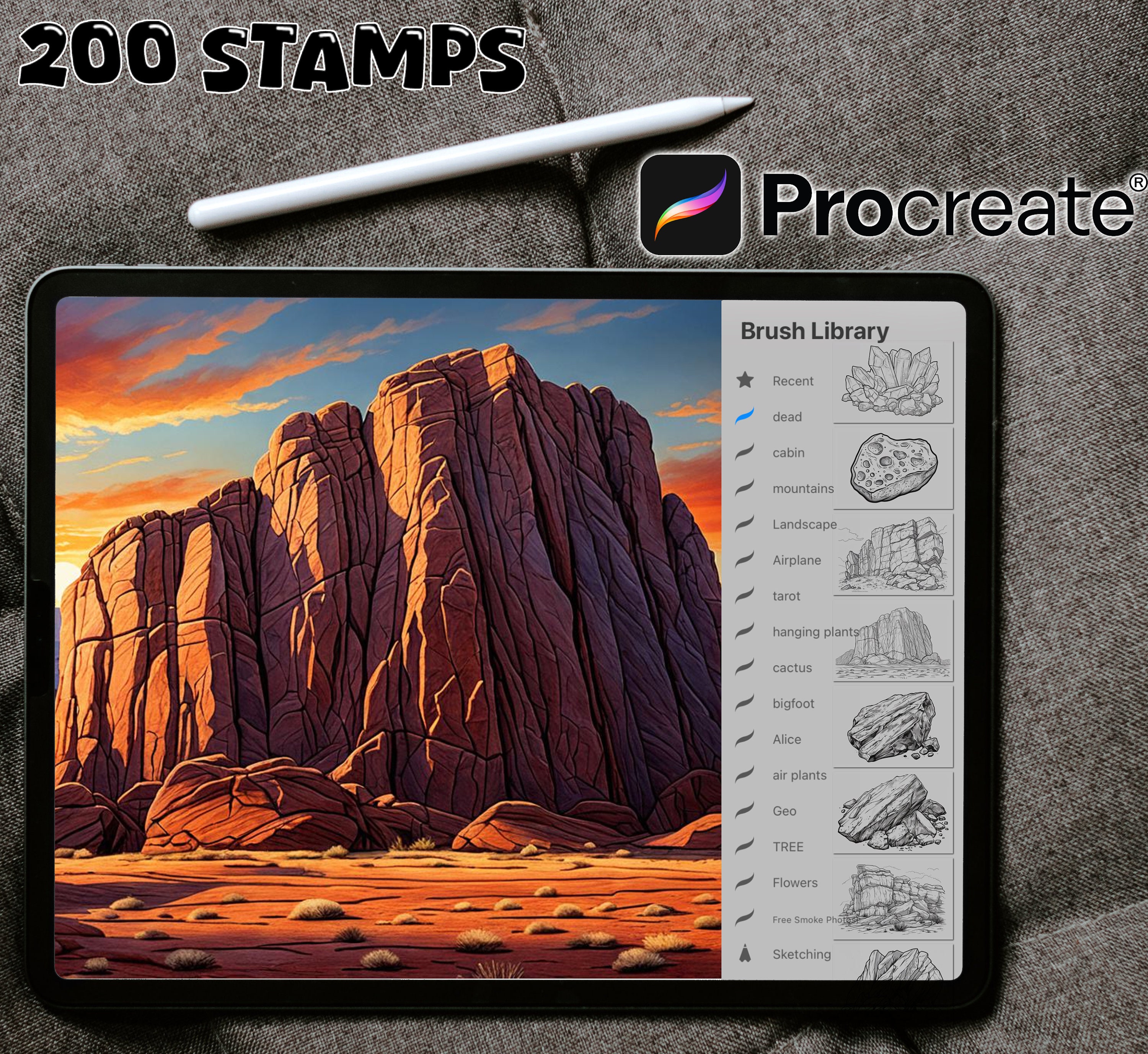 200 sellos de roca para Procreate – Formaciones rocosas realistas y texturas de paisaje (Procreate + Photoshop)