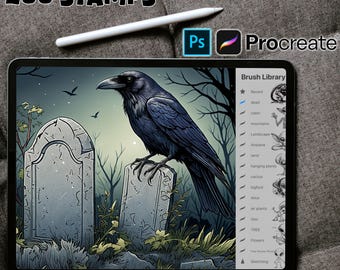200 Friedhof-Procreate-Stempel: Friedhofsszene ~ Gruseliges Grab, Grabstein