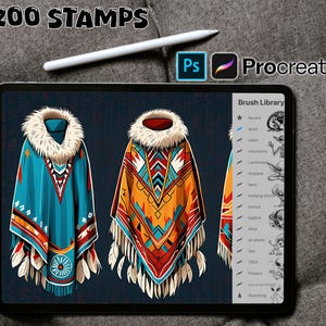 May include: A digital illustration of two colorful ponchos with fur trim and fringe. The ponchos are displayed on a tablet screen with the Procreate app open and a brush library visible. The text "200 STAMPS" is at the top of the image.