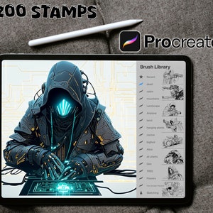 May include: A digital illustration of a futuristic cyborg character wearing a black hooded jacket and a glowing blue mask. The character is sitting in front of a glowing green computer screen. The image is displayed on a tablet with the Procreate app open and a brush library showing 200 stamps.
