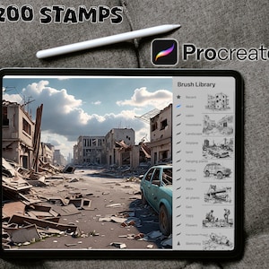 May include: A digital illustration of a destroyed city with a car in the foreground. The image is displayed on a tablet screen with the Procreate app open and a brush library showing 200 stamps.
