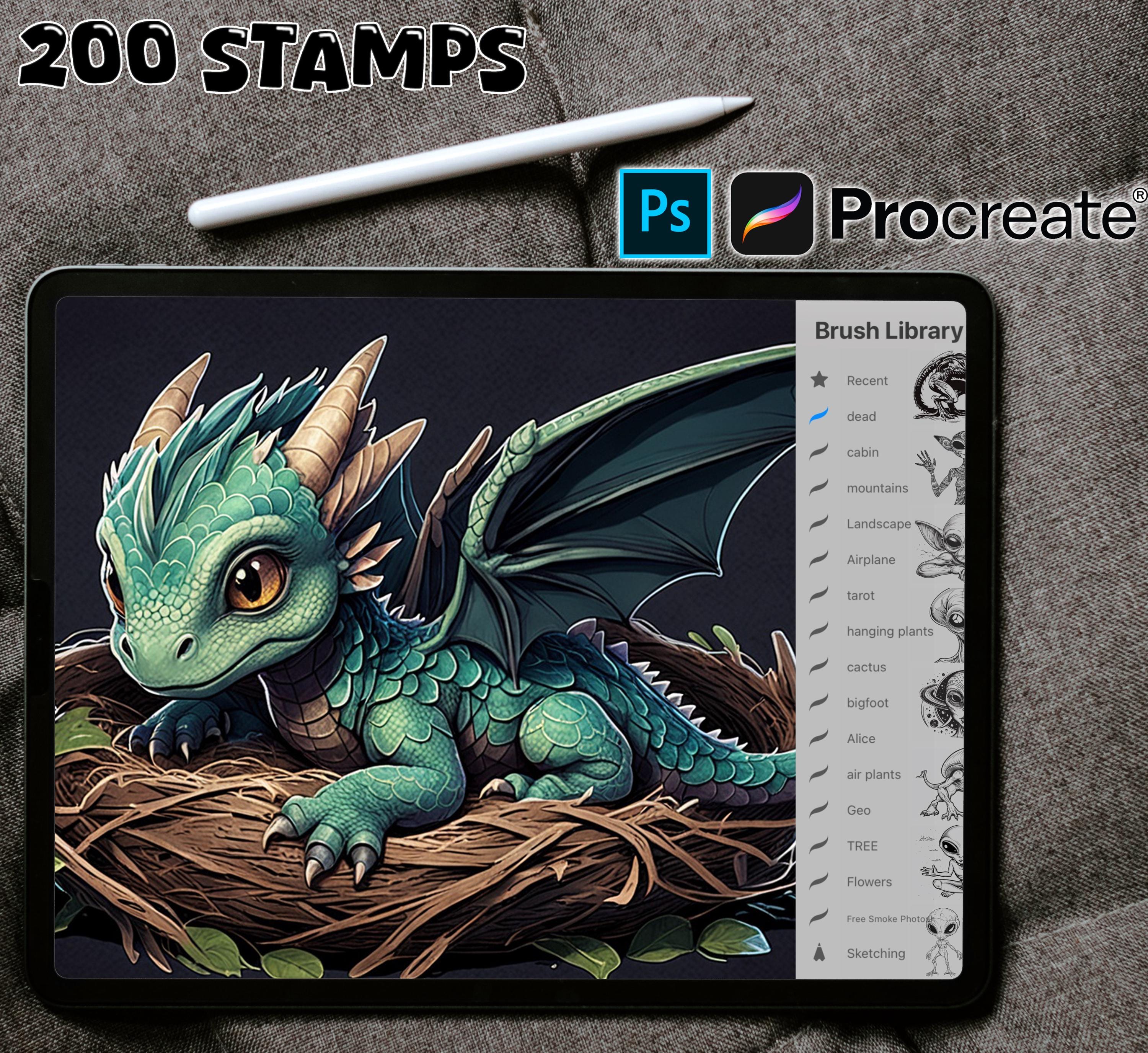 200 Procreate Dragon Stamps Brush Set | Mystical Dragon SVG & Photoshop ABR
