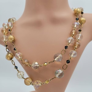 Vintage Bead Necklace Glass Beads Gold Foil Fused Aurora Borealis Crystals Adjustable 20-43&quot;
