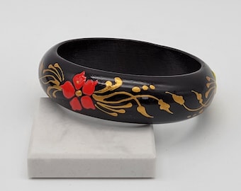 Vintage Hand Painted Wooden Bangle Bracelet Red Pink Yellow Flowers with Gold Swirls