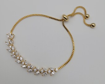 Cubic Zirconia Adjustable Bracelet Gold Plated CZ Floral Bracelet Bridal Bracelet Shiny Bracelet