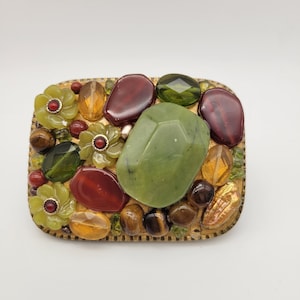 Vintage Michal Golan Chunky Gemstone Belt Buckle Floral Green Brown Caramel Tones