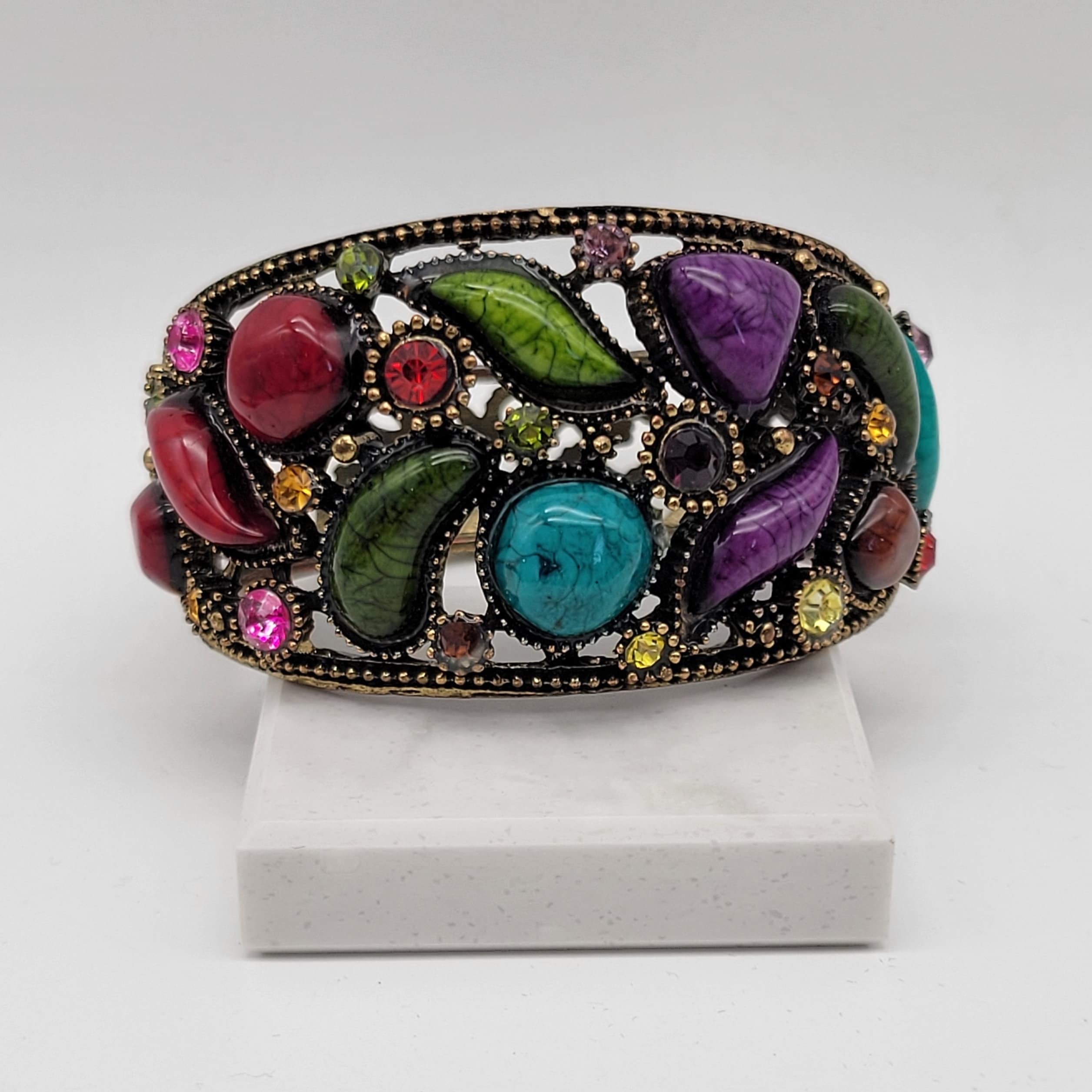 Multicolored Rhinestone Cabochon Hinged Bracelet Brass Filigree Clamper Bangle Bracelet