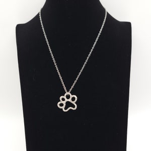 Paw Print Necklace Silver Tone With Rhinestones Kitty Paw