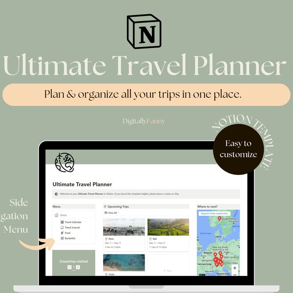 Travel Planner Notion Template, Travel Journal Itinerary Travel Organizer Notion Templates, Trip planner, Travel schedule, Packing List