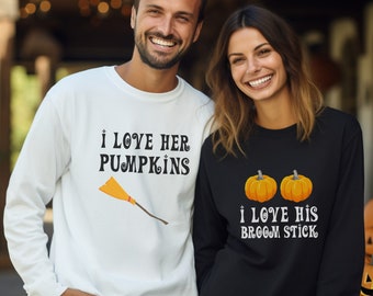 Sudadera divertida de pareja a juego para Halloween: me encantan sus calabazas, me encanta su escoba