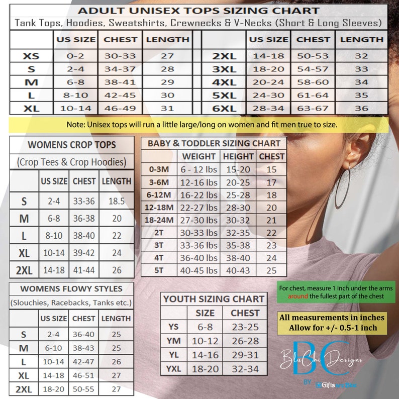 Sizing Chart for all our shirt styles including short sleeved crewnecks, vnecks, tank tops, hoodies, sweatshirts, long sleeved tees, onesies, crop tops and more.