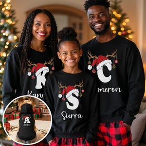 Reindeer Pajamas: Christmas Matching Family Pajama Set with Top and Joggers - Santa Hat Initial for Youth and Adults