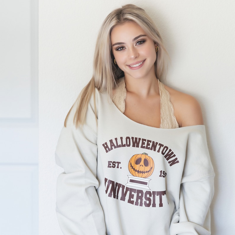 Off The Shoulder Halloween Sweatshirts with Halloweentown University graphics.