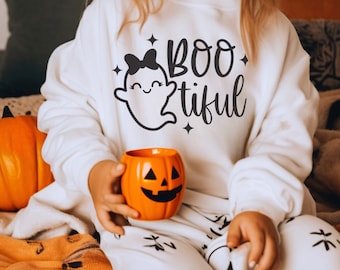 Adorable Halloween Shirts for Girls, Featuring the Cutest Ghost w Bow and Bootiful Text - Available in Onesies, TShirts & Sweatshirts