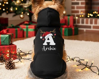 Reindeer Initial Personalized Dog Christmas Outfit, Hoodies & Bandanas, Sizes XS-3XL