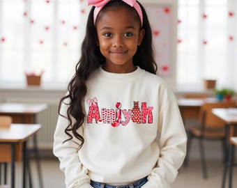 Gepersonaliseerde Valentijnsdagshirts, Valentijnsdag aangepaste kindernaam sweatshirt, Valentijnsdag shirts meisjes, Valentijnsdag kindershirt, Galentines