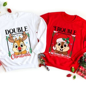A Set of TWO Double Trouble Christmas Matching Sweatshirts - Couple Sweatshirts - Sizes S-5XL - Family Matching Shirts