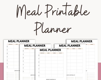 May include: A set of five white meal planner sheets with black text and grid lines. Each sheet features the heading MEAL PLANNER, columns for breakfast, lunch, dinner, and snacks, rows for days of the week, and a section for a grocery shopping list.
