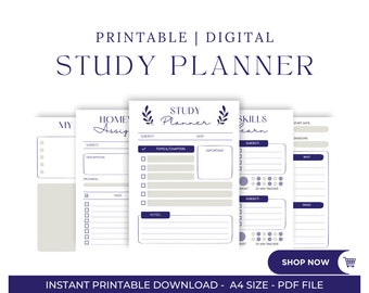 Planificateur d'étude imprimable | Suivi d'étude | Téléchargement numérique | Plan d'étude | Suivi des devoirs | Planificateur d'objectifs | Planificateur imprimable Pdf