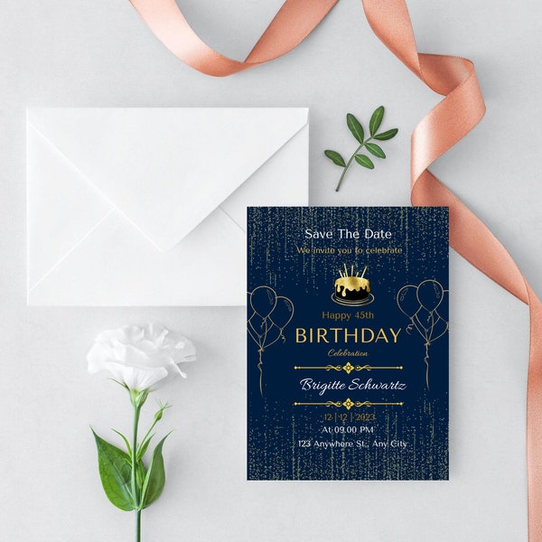 Navy Blue and Gold Sparkle Glitter Birthday Party Invitation |Birthday Party Invitation | Elegant Editable Birthday Invite| Digital Download