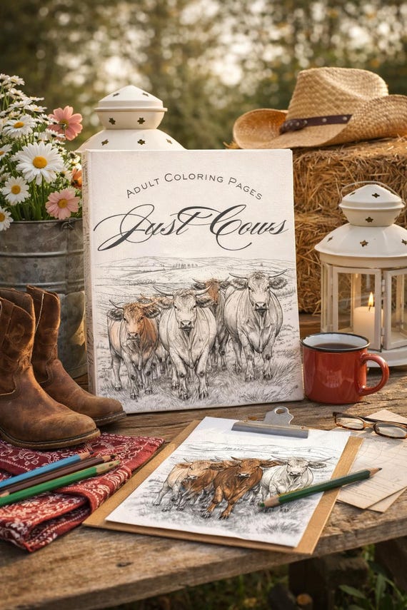 Cow Coloring Pages for Adults | Rustic Farm Animal Art (Digital Download)