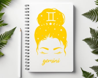Gemini Astrology Rule Lined Spiral Notebook, Gemini Gift, Astrology Gift, Gemini Woman, May, June, Yellow Gemini Sign Front Cover Print