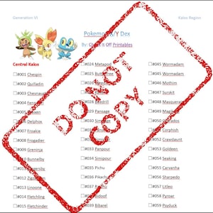 May include: A white paper with a red "DO NOT COPY" stamp, featuring a Pokemon X/Y Dex checklist. Includes the text "Generation VI", "Central Kalos", and "Kalos Region". The checklist has checkboxes and Pokemon names.