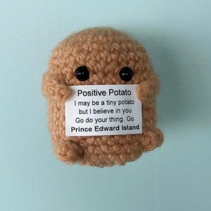 Könnte beinhalten: Eine gehäkelte Kartoffelfigur in Beige mit zwei kleinen schwarzen Perlenaugen. Die Figur hält ein weißes rechteckiges Schild mit der Aufschrift: Positive Potato, I may be a tiny potato but I believe in you, Go do your thing, Go Prince Edward Island.