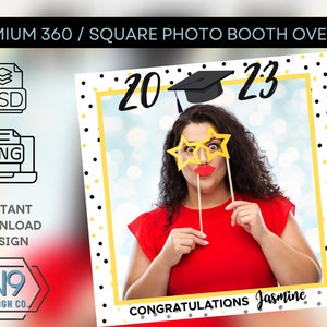 2023 Graduation - Gold & Black - 360 photobooth overlay template | Square Photo Booth Overlay Snappic PSD, PNG, Editable Download, 1072x1072