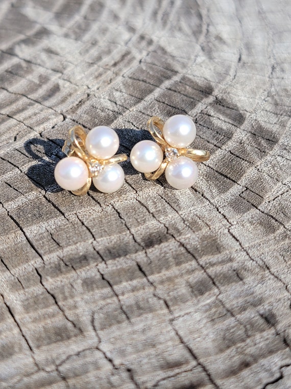 14 Karat Gold Pearl and Diamond Earrings; Bridal/A
