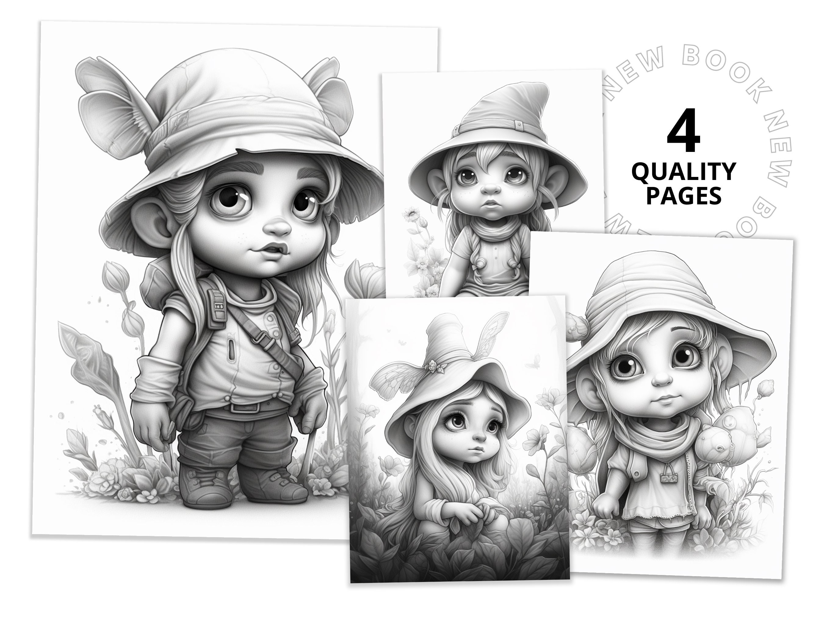 56 Cute Darling Young Gnome Girl, Coloring Pages for Adults and