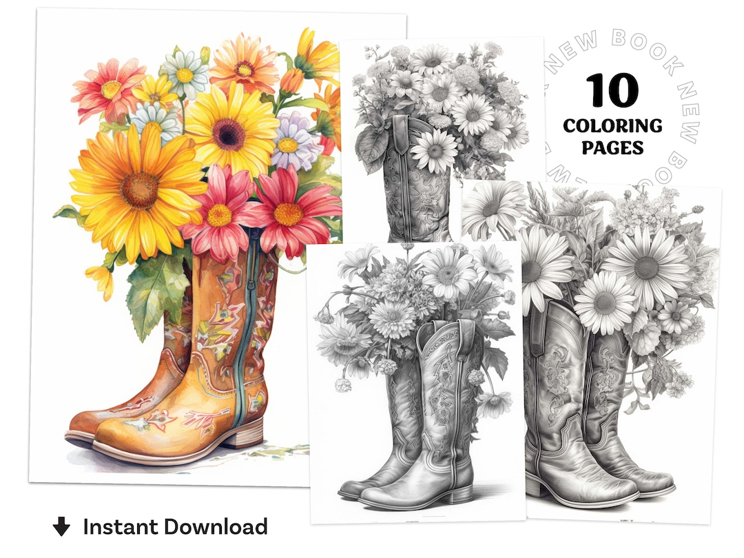 Beautiful Flowers & Cowboy Boots Coloring Book Printable Coloring Page ...