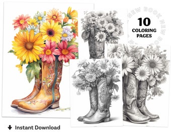 Beautiful Flowers & Cowboy Boots Coloring Book Printable coloring page for Adult Coloring Book Digital download grayscale coloring page
