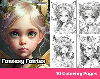 Fantasy Fairies Coloring Page Printable coloring page for Adult Coloring Book Digital download grayscale coloring page