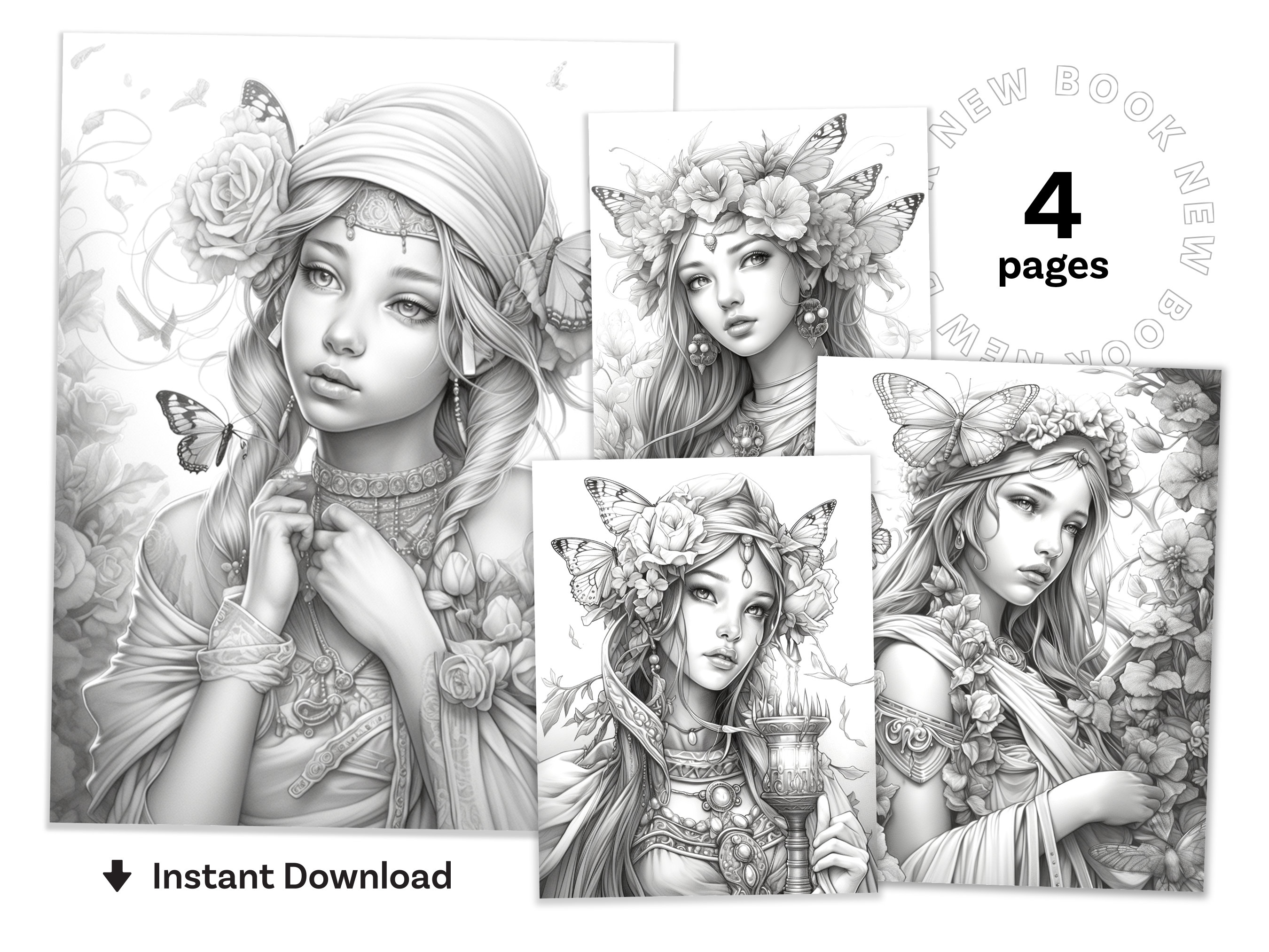 28 Magical Fairies Coloring Pages, Adults Kids Instant Download, Grayscale,  Gift, Printable Art, Fall Mandala Floral Coloring Books PDF 