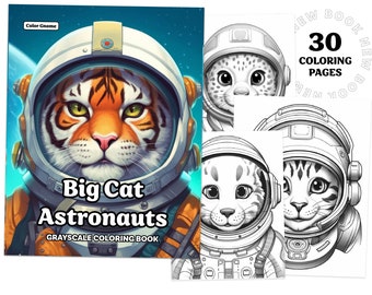 Big Cat Astronauts Coloring Book Printable coloring page for Adult Coloring Book Digital download grayscale coloring page