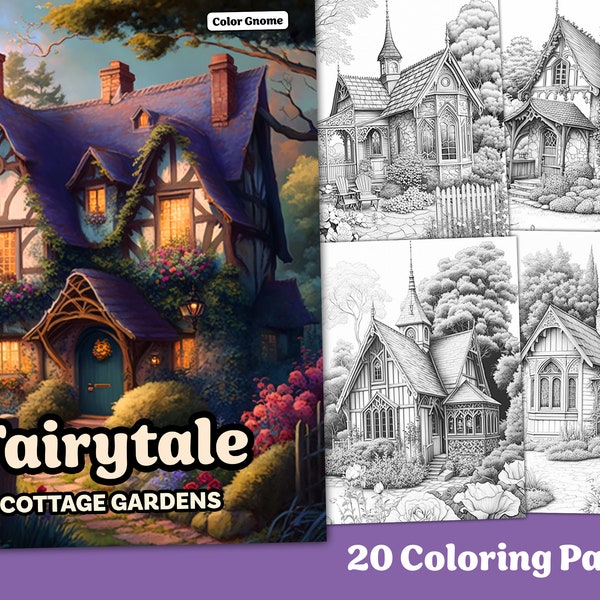 Fairytale Cottage Gardens Coloring Book Printable coloring page for Adult Coloring Book Digital download grayscale coloring page
