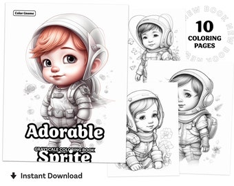 Adorable Sprite Astronauts Vol. 2 Coloring Book Printable coloring page for Adult Coloring Book Digital download grayscale coloring page