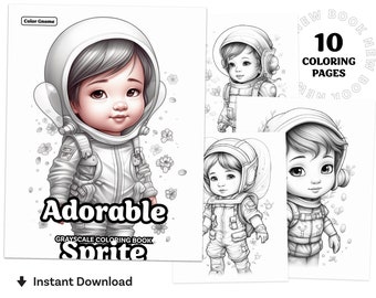 Adorable Sprite Astronauts Coloring Book Printable coloring page for Adult Coloring Book Digital download grayscale coloring page