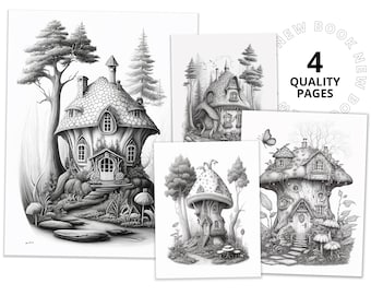 Enchanting Fairy Mushroom Cottages Coloring Book Printable coloring page for Adult Coloring Book Digital download grayscale coloring page