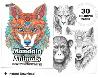 Mandala Animals Coloring Book Printable coloring page for Adult Coloring Book Digital download grayscale coloring page