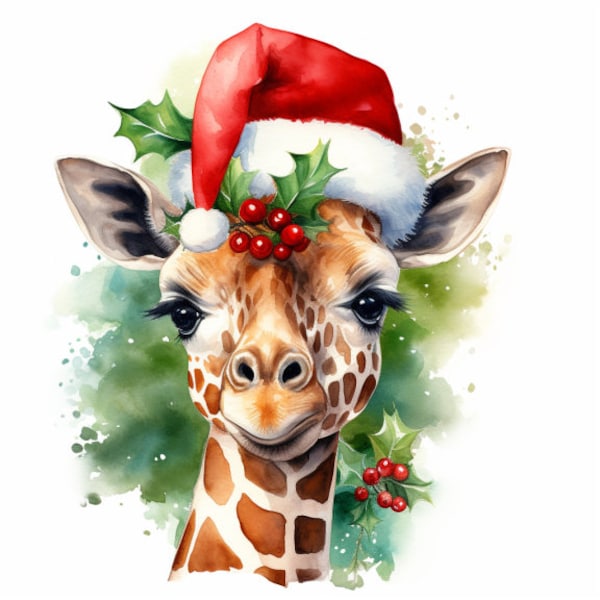 Joyful Giraffe with Santa Hat and Holly - Festive Christmas Clipart in PNG Format with Transparent Background