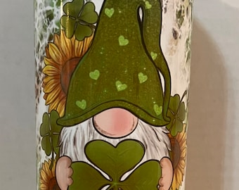 Gnome St. Patrick&#39;s Day 20oz. Tumbler. Gnomes and sunflowers with good luck.