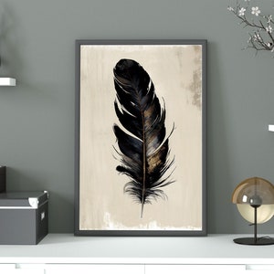 Black Feather Art Print, levendige aquarelverf, kleurrijke veren kunst aan de muur, prachtige retro vintage posterafdrukken, digitale download