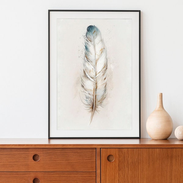 White  Feather Art Print, Elegant Watercolor Painting, Colorful Feathers Wall Art, Stunning Retro Vintage Poster Prints, Digital Download